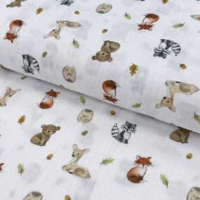 Dvostruka gaza/muslin Forest animals white digital print