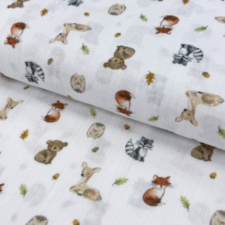 Dvostruka gaza/muslin Forest animals white digital print