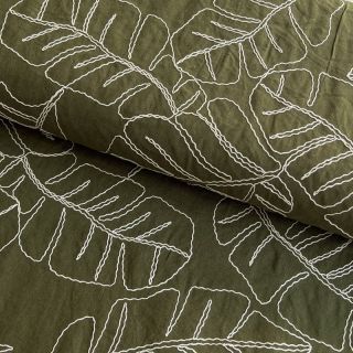 Viskoza s lanom EMBROIDERY Leaves forest green