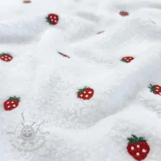 Tkanina za kapute TEDDY EMBROIDERY Strawberries white