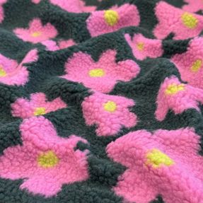 Tkanina za kapute TEDDY JACQUARD Flowers army green/pink