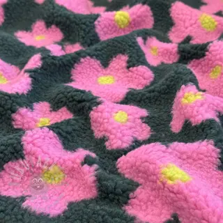 Tkanina za kapute TEDDY JACQUARD Flowers army green/pink