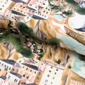 Dekorativna tkanina Houses ecru digital print